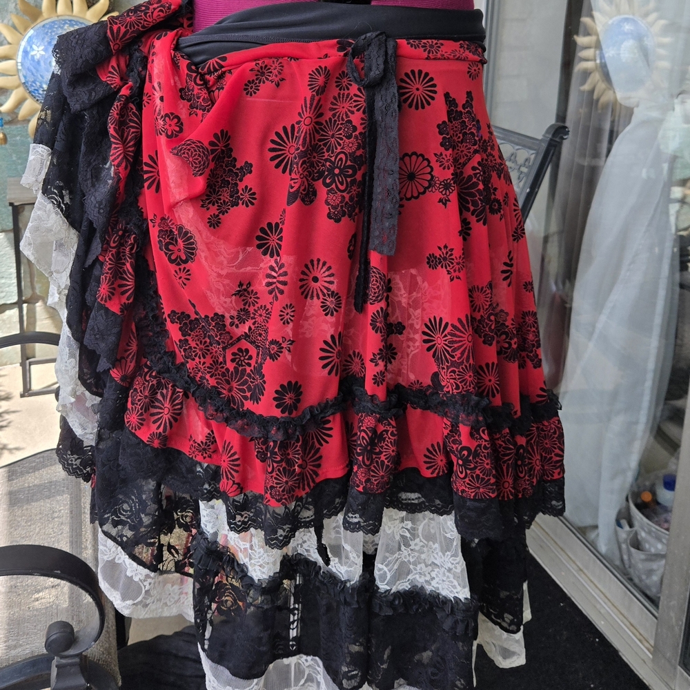 Tribal Belly Dance Elegant Red and Black Floral High-Low Skirt